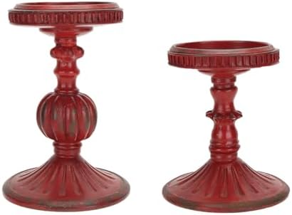 SOFFEE DESIGN 2 Pcs Antique Resin Pillar Candle Holder Sets, Vintage Cylindrical Candlestick Stand Home Decor for Dining, Living Room, Mantel, Table Centerpiece, Retro Red Candleholder Decor by SOFFEEDESIGN