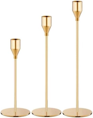 NLBTW Gold Taper Candle Holders, Set of 3 Metal Candlestick Holders for Candle Sticks Holder Decor, Ideal for Mantle Table Centerpiece, Weddings, Dining, Housewarming Gift & Anniversaries by NLBTW