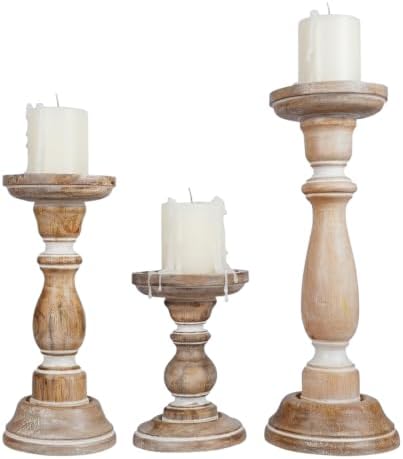 Mela Artisans Tuli Mango Wood Candle Holders - Whitewash, Set of 3 by MelaArtisans