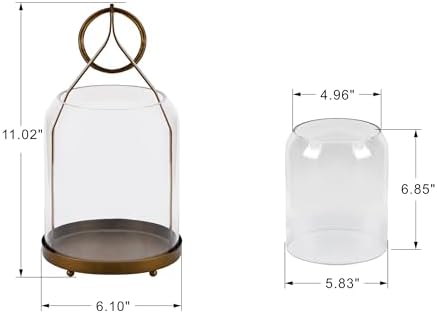 6" Wide Modern Hurricane Candle Holder with Handmade Scandinavian Glass Sleeve in Antique Brass for Pillar Candle & Plants, Hurricane Lantern Industrial, Minimalistic, Shabby Chic (1, Brass, 6"x10") - Image 2