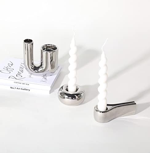 Silver Candlestick Holders, Decorative Taper Candle Holder Set Decor for Table Centerpiece Fireplace, Modern Silver Candle Holders Set, Aesthetic Ceramic Candle Stick Holder - Image 2