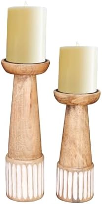Perilla Home Wooden Pillar Candle Holders Set of 2 - Home Decor Candle Holder Centerpiece - for, Taper Candles, Dining Table Candle Holder Halloween, Home Decor, Candlesticks - Rustic Brown by PerillaHome