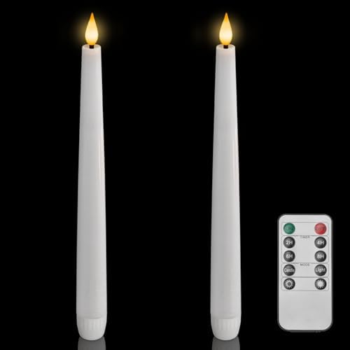 Homemory 2 Pcs Waxy Flameless Taper Candles with Remote, Led Flameless Candlesticks Classic Tall Candle, Flickering Battery Operated Taper Candles for Bedroom, Dining Room, White, 9.6 inches by Homemory