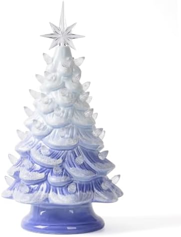 Sunlit Cordless Lighted Ceramic Christmas Tree Vintage Tabletop Christmas Decoration Pre-Lit Colorful Mini Light Bulbs 13" Traditional AA Battery Operated LED - Ombre Blue - Image 4