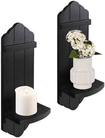 Rustic Black Wood Wall Candle Sconces Set of Two, Farmhouse Wooden Candle Holder Decor for Fireplace, Hallway, Living Room, Bedroom by CEDARLUX