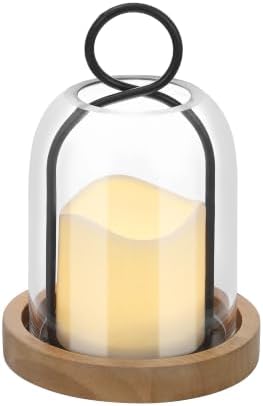7.5" High Versatile Black Metal Candle Holder with Handmade Sturdy Glass Dome and Natural Wooden Base for Pillar Candle & Plants, Industrial, Farmhouse, Shabby Chic, Display Cloche Bell Jars by Unknown
