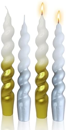 7.5 Inches Christmas Spiral Taper Candles Colorful Twisted Candle Dripless Long Candles, Handmade Candlesticks for Party Dinner Decor, Set of 4(Gradient Metallic Gold Silver) by FCMSHAMD