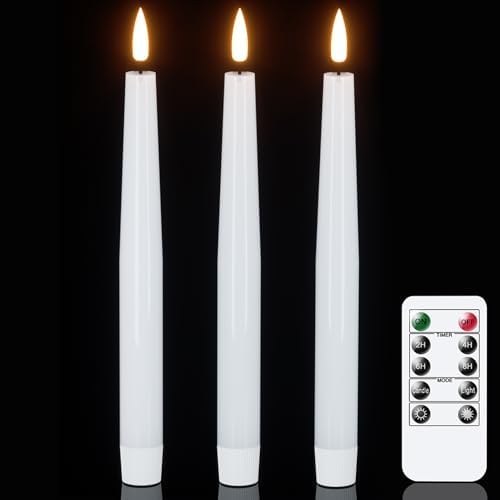GenSwin Flameless Taper Candles with Remote, White LED Taper Candles Battery Operated, Real Wax Flameless Candlesticks with 3D Wick for Home Party Decor(Set of 3, 0.78” x 9.84”) by GenSwin