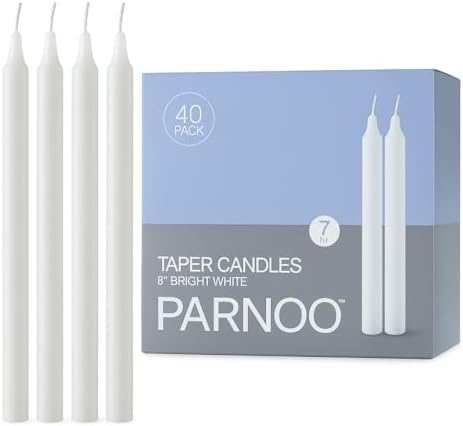 PARNOO 8" White Unscented Tapered Candles, 40 Pcs 7-Hour Long Burn Time, Dripless & No Soot - Hand-Dipped Tall Candles for Weddings, Dinners, Parties, & Special Occasions by LightInTheDark