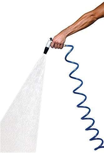HoseCoil 3/8 inch ID Self Coiling Garden, RV, Marine Outdoor Water Hose (25' Blue)