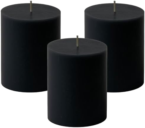 Mister Candle Dripless Unscented Black Pillar Candles, Set of 3 Hand Poured Solid Color Non-Scented Candles for Home Decor, Premium Wax, 60 Hr Burn Time - 3x4 Inch, Black by MisterCandle