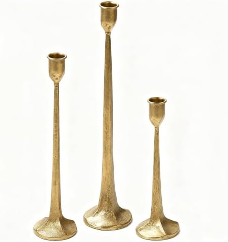 Gold Taper Candle Holders Set of 3, Heavy Candlestick Holders Decorative Candle Stand for Table Centerpiece, Cast Iron Candle Stick Holder Decor by Wenbery