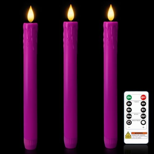 Homemory 3 Pcs Waxy Purple Flameless Taper Candles with Remote Timer, LED Fake Candlesticks, 9.6 Inches Battery Tall Candle with 3D Flickering Flame for Wedding, Dinner, Christmas Anniversary Decor by Homemory