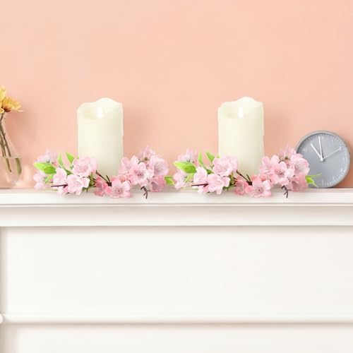 Daifunli 2 Pcs Spring Cherry Blossom Candle Ring Artificial Cherry Blossom Wreaths for Pillar 3.9 Inch Candles Holder for Spring Country Wedding Kitchen Rustic Table Centerpiece Decor - Image 6