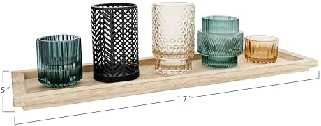 Bloomingville 5-Piece Embossed Glass and Metal Tealight Candle Holders in a Wood Tray, Multicolor - Image 2