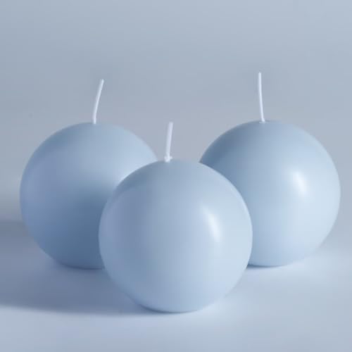 MOZEAL Hand-Poured, 3 Inch Baby Blue Round Ball Candles - Elegant Baby Blue Round Pillar Candles Set of 3, Dripless, Unscented, Smokeless, Ideal for Baby Showers. by MOZEAL