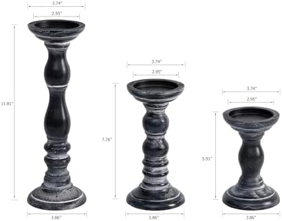 Vintage Pillar Candle Holders Set of 3 - Distressed Black Wood Candlestick Holders for Table Centerpieces, Farmhouse Decor for Fireplace Mantel, Rustic Shabby Chic Candle Pillar Holder for Home - Image 3