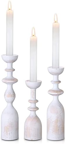 HOWSILAY Wood Farmhouse Candle Holders, Set of 3 Candlestick Holder, White by HOWSILAY