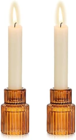 Hewory Glass Candlestick Holders Bulk, 2PCS Amber Taper Candle Holders by Hewory