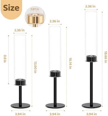 Black Hurricane Glass Candle Holders Set of 3 Tall Taper Candlestick Holder - Image 2