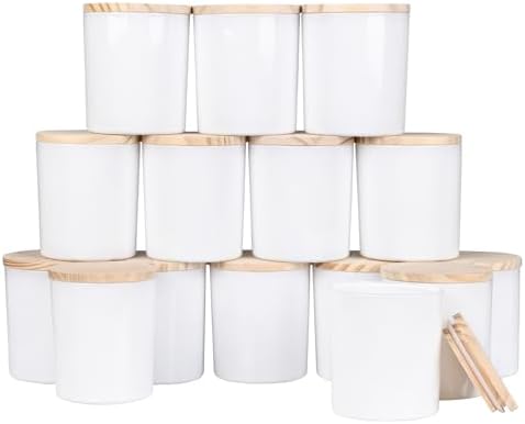 SHOWIN 10 OZ Thick Candle Jars for Making Candles 15 Pcs, Empty Jars with Wood Lids for Candle Making, Sample Container, Glossy White by Showin