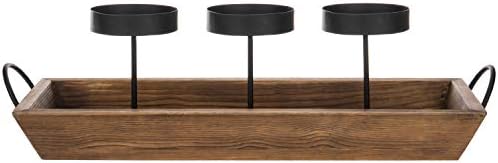 MyGift 3-Pillar Black Metal Candle Holder with Rustic Wood Tray and Handles, Tabletop/Mantel Centerpiece - Image 2
