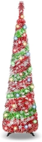 5FT Christmas Trees with 90 Lights, Collapsible Artificial Sequin Pop Up Christmas Tree, Tinsel Slim Pencil Christmas Tree for Home Holiday Fireplace Party Indoor Outdoor Xmas Decorations by BTU