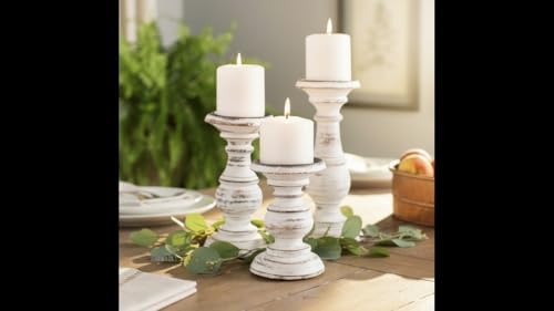 White Pillar Candle Holder Set of 3 - Farmhouse Wood Candle Stand, Mantle Decor Centerpieces for Fireplace, Living or Dining Room Table 6 X 8 X 10 Inch - Image 3