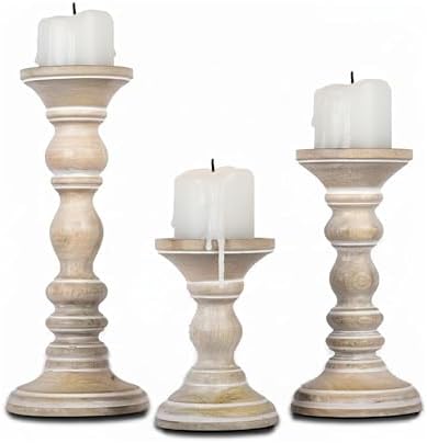 Mela Artisans Mango Wood Candle Holders - Whitewash Finish, Set of 3 by MelaArtisans