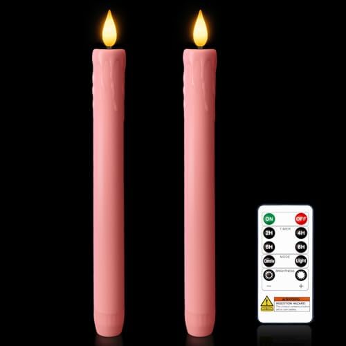 Homemory 9.6 Inches Real Wax Pink Flameless Taper Candles with Remote Timer, 2 Pcs LED Fake Candlesticks, Battery Candle with 3D Flickering Flame for Wedding, Dinner, Xmas Anniversary Decor by Homemory