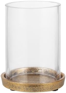 4" Wide Glass Hurricane Candle Holder with Cast Iron Base in Antique Gold for Pillar, Thick and Sturdy Glass Cylinder, Farmhouse, Shabby Chic for Mantels, Tabletops, Centerpieces, Entryways by Unknown