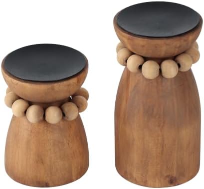 NIKKY HOME Farmhouse Beaded Wooden Pillar Candle Holders Set of 2 by NIKKYHOME