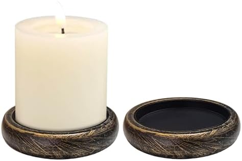 Candle Holder for Pillar Candle Set of 2, Farmhouse Wood Candle Plate, Rustic Wooden Candle Stand, Candles Tray Decorative for Living Room, Table Centerpiece, Black Gold by CEDARLUX