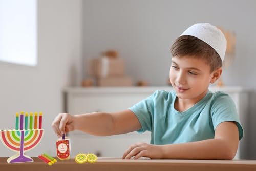 Mini Multicolor Hanukkah Menorah, 2-Pack 5" Inch Children Wooden Chanukah Menorah Set with Removable Wooden Candles, 3" Inch Dreidel, and Gelt Coins - Image 4
