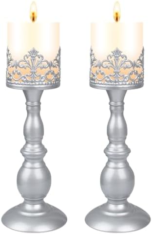 Candle Holders for Pillar Candles Gothic Matte Pearl Silver Tall Candle Holders Set of 2 Decorative Large Table Centerpieces Candle Stand Decor (Pearl Silver 2PCS A) by DRELIFAM