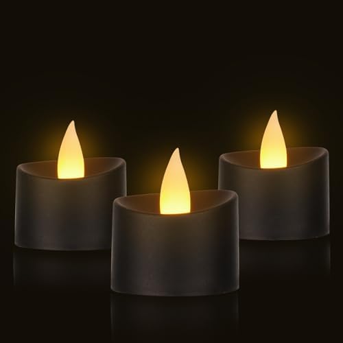 Black Flameless Tea Lights - 12 Pack Modern LED Candles for Men, Memorial Decor, Gothic Weddings & Industrial Home Style (Black Base, 12 Pack) by Unknown