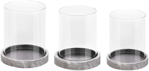 Set of 3 Glass Hurricane Candle Holders for Pillars with Distressed Brown Solid Wood Base Crafted from Pine, Farmhouse Candlestick Holder, Centerpieces for Home, Garden, Table, Mantel, Wedding, Party by Unknown