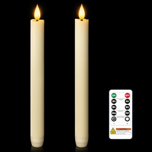 Homemory 2 Pcs Real Wax Made Flameless Taper Candles with Remote and Timer, 9.6" Ivory Battery Operated Candle Stick Flickering, Led Taper Candles with Lifelike Flame for Indoor Home Decor by Homemory