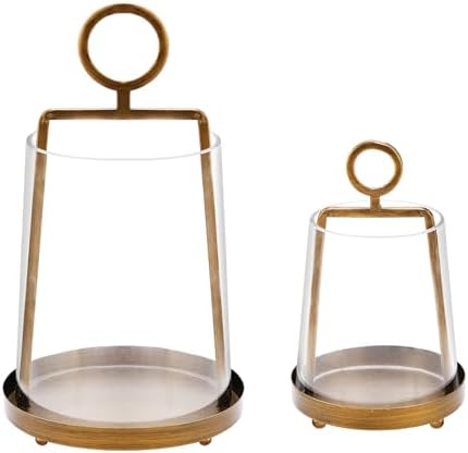 9" & 6" Wide Modern Farmhouse Metal Hurricane Candle Holder with Handmade Sturdy Glass Sleeve in VintageBrass for Pillar Candle & Plants, Glass Hurricane Lantern, Industrial, Minimalistic by Unknown