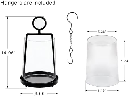 9" Wide Modern Farmhouse Metal Hurricane Candle Holder with Handmade Sturdy Glass Sleeve in Black for Pillar Candle & Plants, Glass Hurricane Lantern, Industrial, Minimalistic - Image 2