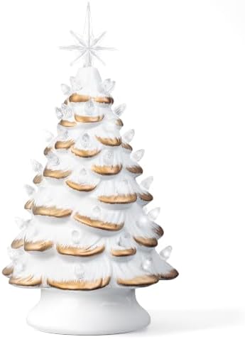 Sunlit 13'' Cordless Lighted Ceramic Christmas Tree Vintage Tabletop Christmas Decoration Pre-Lit Colorful Mini Light Bulbs Traditional AA Battery Operated LED - White and Gold - Image 7