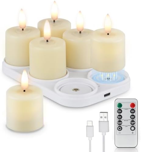 Rhytsing 6 Rechargeable Flameless Votive Candles with Timer for Home Decor, Led Faux Battery Operated Tealight Candles with Magnetic Charging Base, Type-C USB Cable, Remote Included-D1.6 X H2.7 inches by Rhytsing