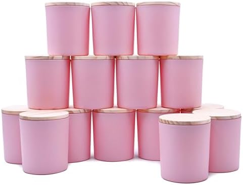 SHOWIN 8 OZ Thick Candle Jars for Making Candles 15 Pcs, Empty Jars with Wood Lids for Candle Making, Sample Container, Matte Pink by Showin