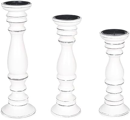 Hand-Carved Wooden Pillar Candle Holders Set of 3, Rustic Mango Wood with White Antique, Decorative Carved Design Table Centerpiece Décor - 16", 14", 12" - Image 4