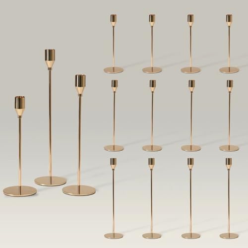 Upgraded Chrome Taper Candle Holders Set of 15 Bulk, Champagne Gold Long Skinny Candlestick (Heights: 9/11/13 Inch), Heavy Iron Anti-Slip Base for Fireplace Table Centerpiece Christmas Decor by Unknown