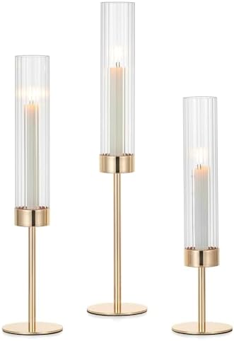 Hewory Gold Taper Candle Holders: Candlestick Holders Set of 3 Hurricane Glass Tall Candle Holder for Candlesticks Candle Sticks Holder Decor for Table Centerpiece Wedding Party Christmas Decorations by Hewory