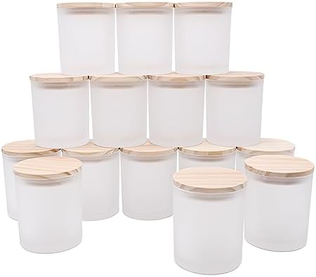 SHOWIN 10 OZ Thick Candle Jars for Making Candles 15 Pcs, Empty Jars with Wood Lids for Candle Making, Sample Container, Frosted White by Showin