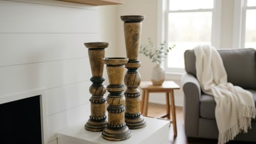 Round Wooden Decorative Candle Holder Rustic Wooden Pillar Candle Holders Set of 3, 18'' 15'' 12'' Farmhouse Wood Candle Stand Vintage Candleholders Decor for Living Room, Black by THOR+INSTRUMENTS