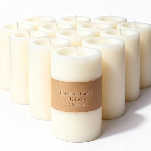 Pillar Candles Ivory 12 Pack, 2.8x4 Inch Unscented Candle by MOSROAD