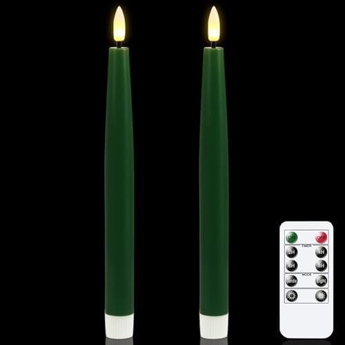 GenSwin Flameless Taper Candles with Remote Timer, Real Wax LED Flickering Candlesticks Battery Operated 3D Wick for Wedding, Party, Home(Christmas Green, 9.84", Set of 2) by GenSwin
